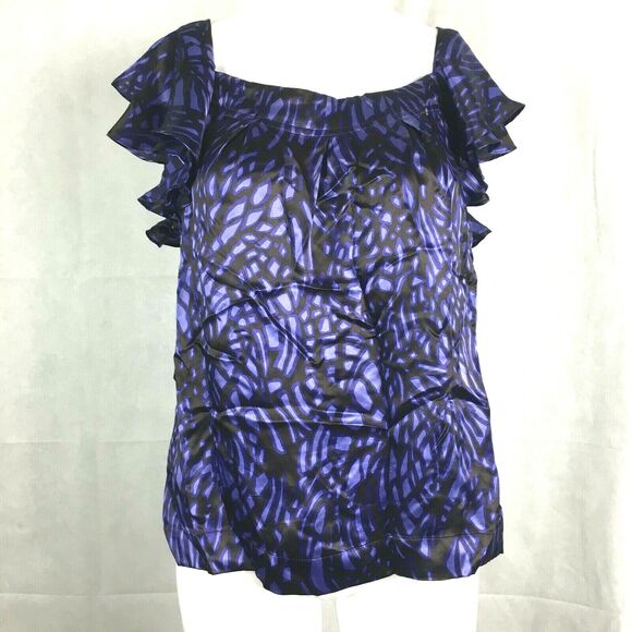Banana Republic Shirt Womens Sz XS Purple Black Silk Satin Short Flutter Sleeve - Picture 1 of 8